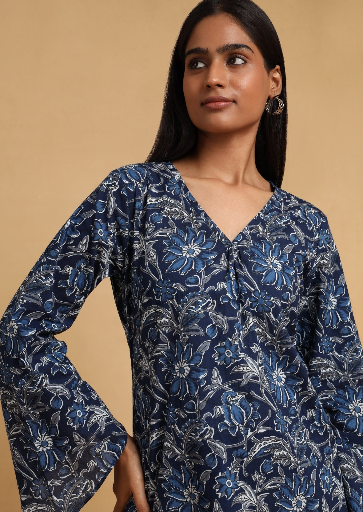 Blue Floral Bell Sleeve Top