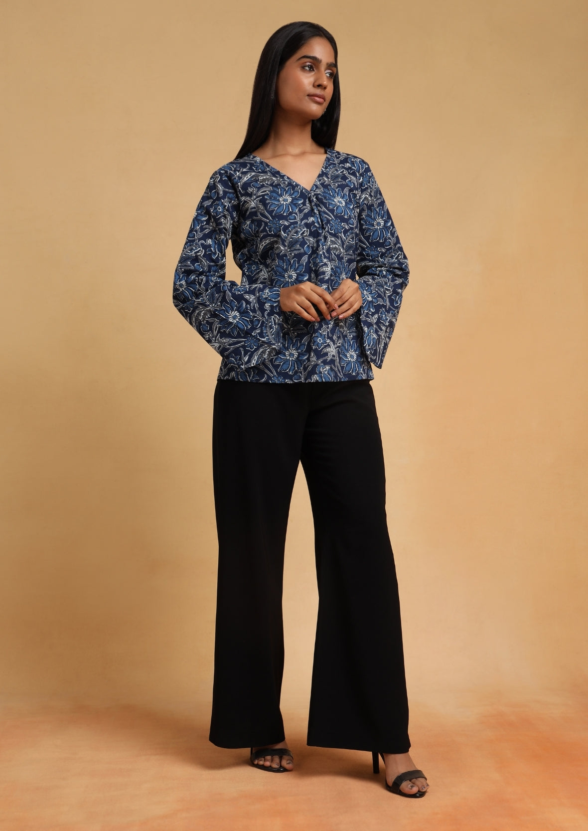 Blue Floral Bell Sleeve Top