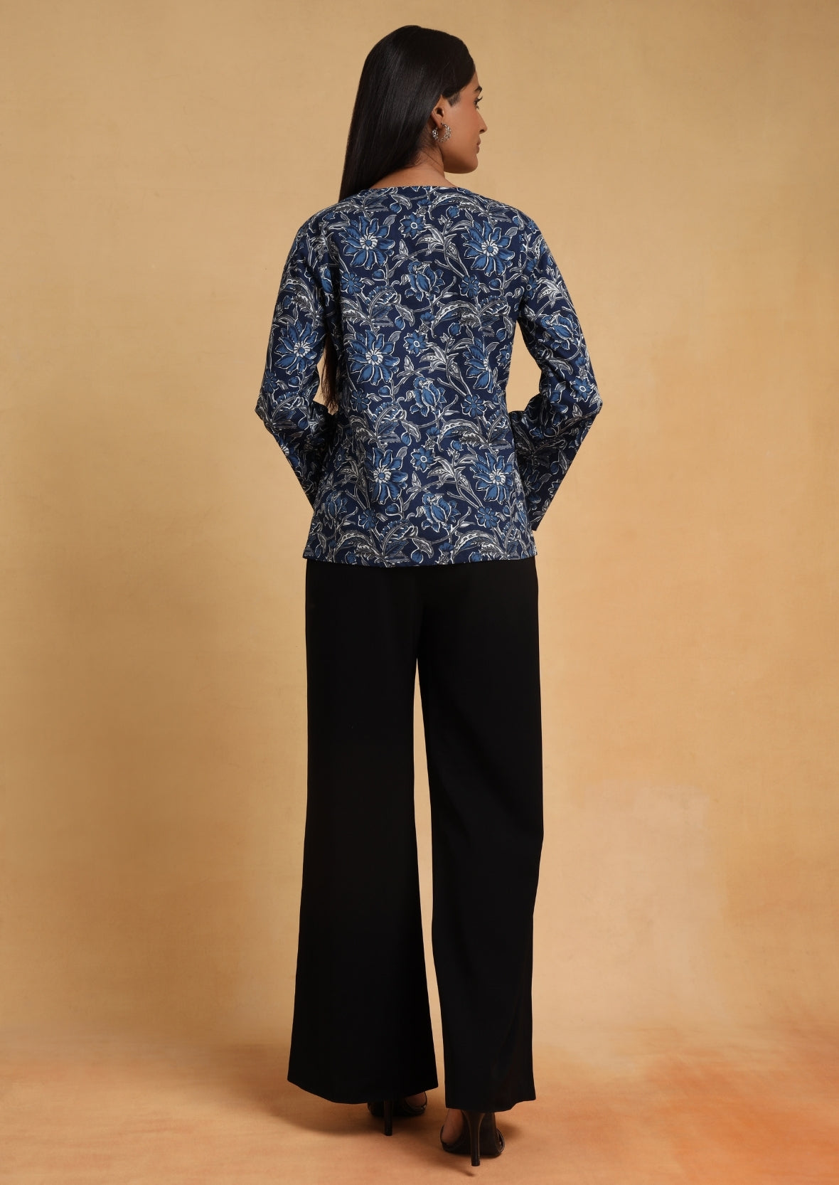 Blue Floral Bell Sleeve Top
