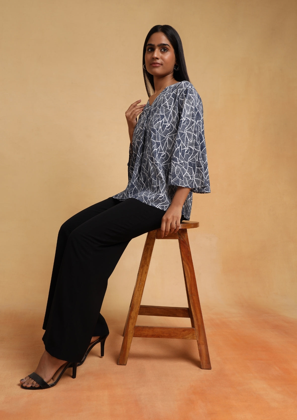 Abstract Blue V Neck Top