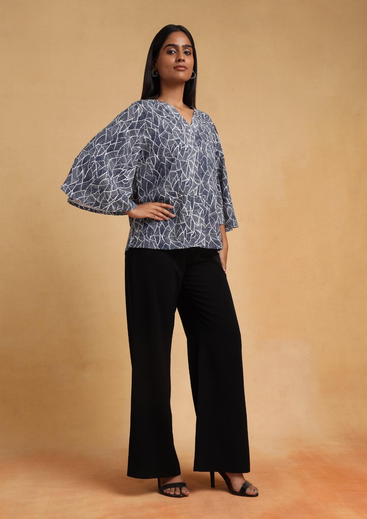 Abstract Blue V Neck Top