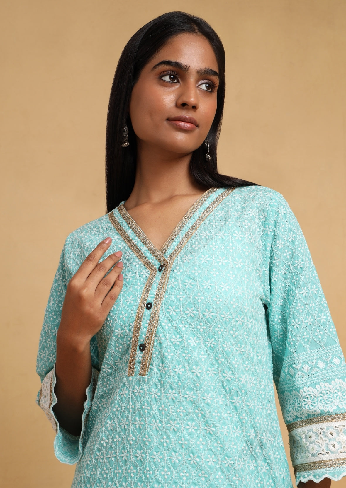 Blue V Neck Chikankari Kurti
