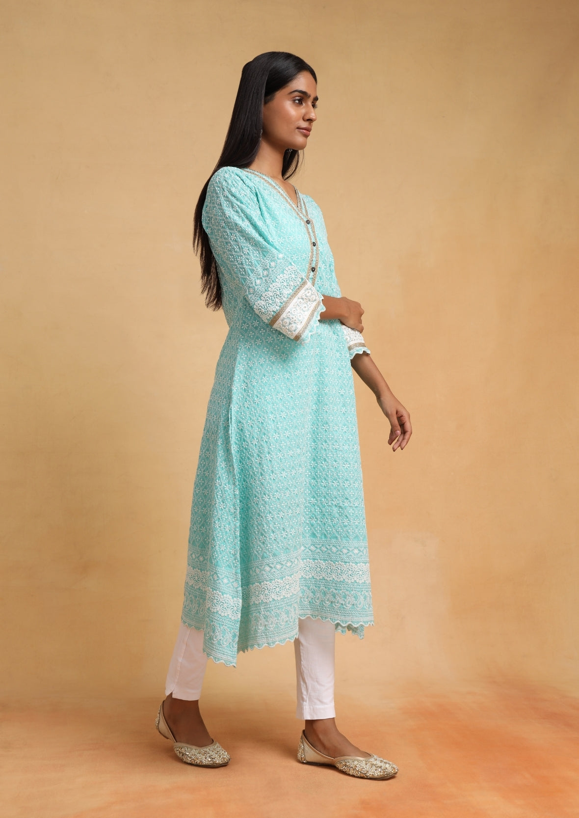 Blue V Neck Chikankari Kurti