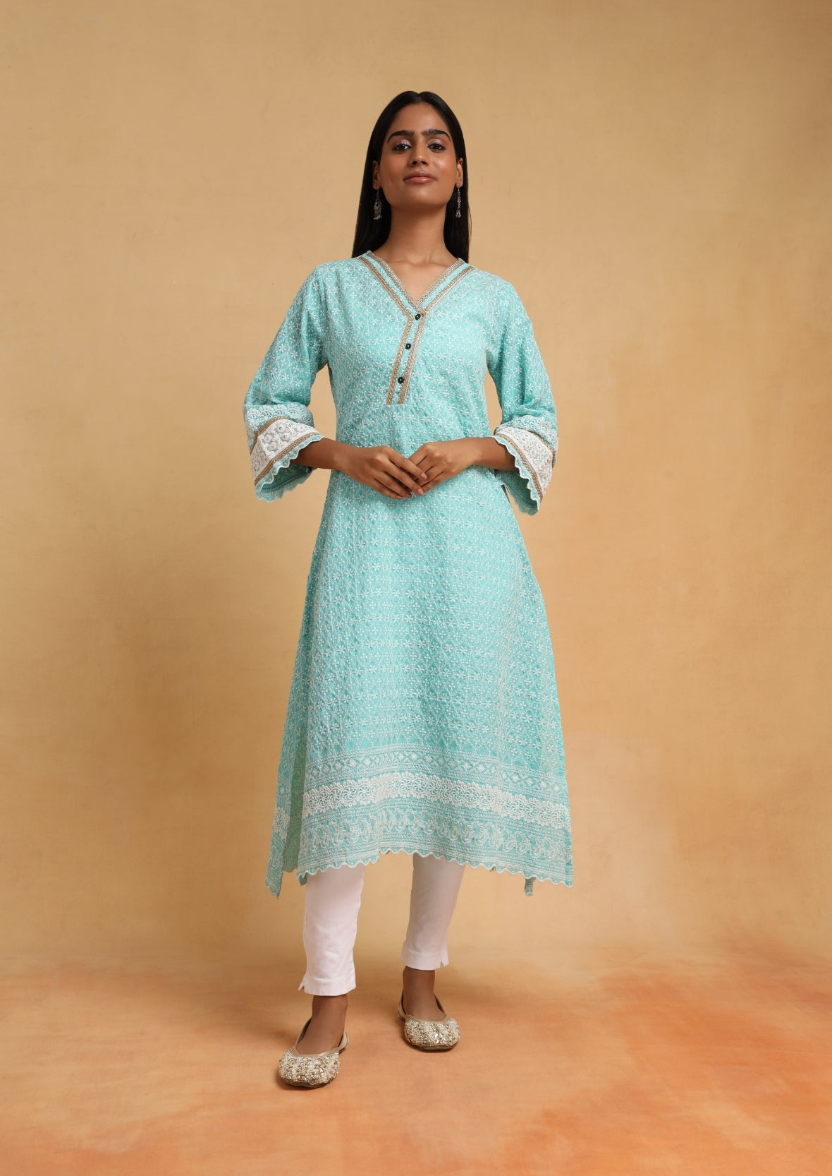 Blue V Neck Chikankari Kurti