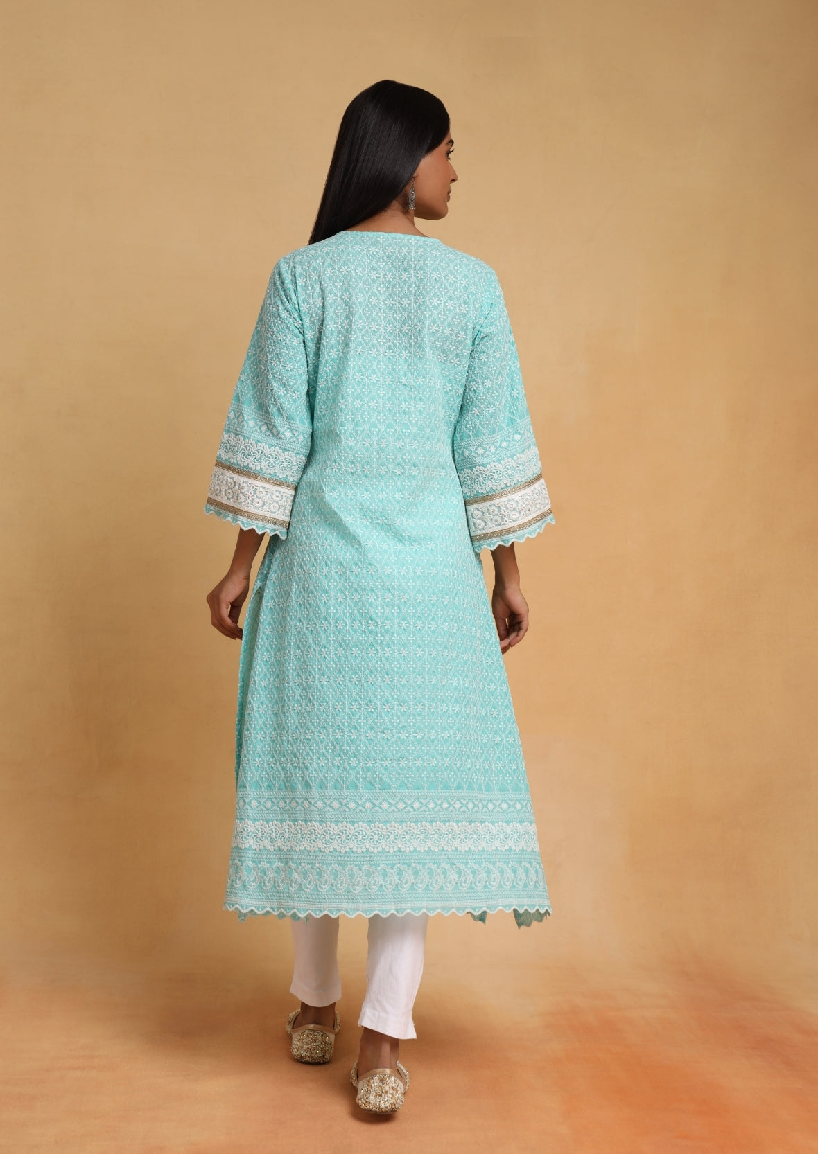 Blue V Neck Chikankari Kurti