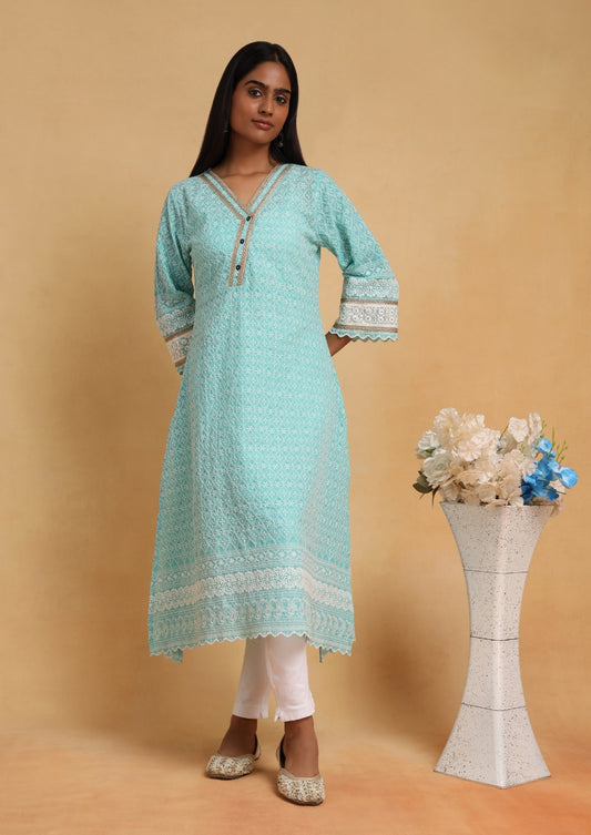 Blue V Neck Chikankari Kurti